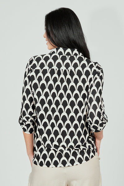 Beechers Brook Patterned Button Down Roll Up Sleeve Blouse - Black - Womens Shirts & Blouses - Fairweather