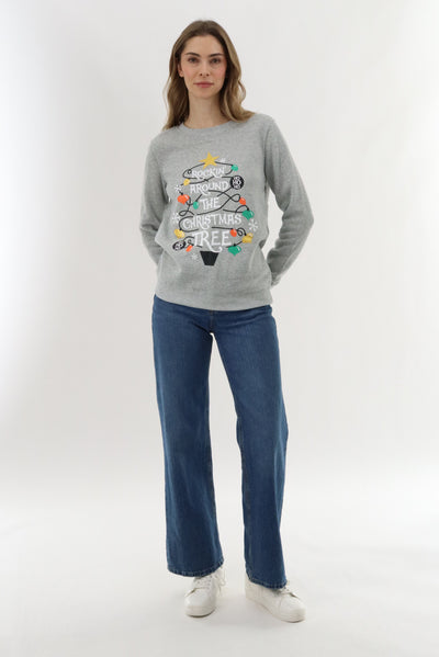Festive Rockin' Around Christmas Sweater - Grey - Womens Christmas Sweaters - Fairweather