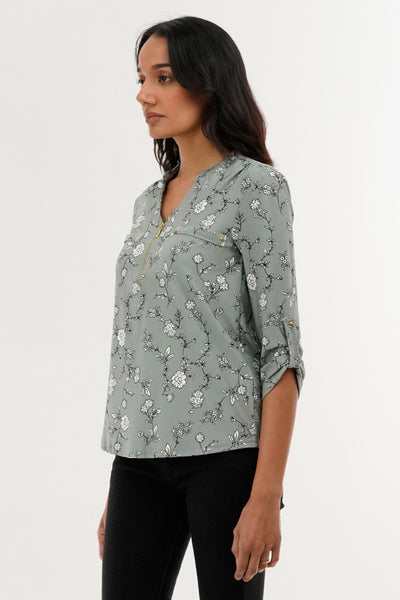 International INC Company Floral 1/4 Zip Blouse - Green - Womens Shirts & Blouses - Fairweather