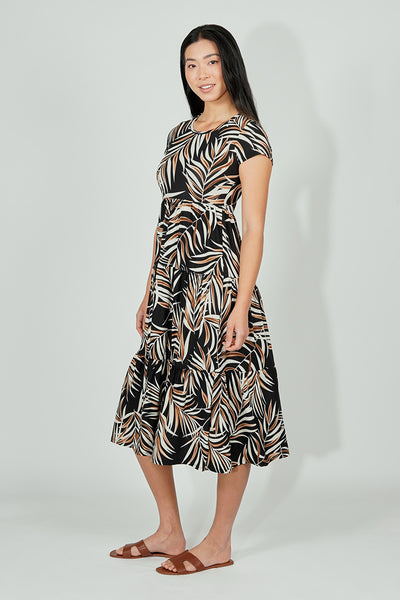 Beechers Brook Leaf Print Short Sleeve Tiered Midi Dress - Black - Womens Midi Dresses - Fairweather