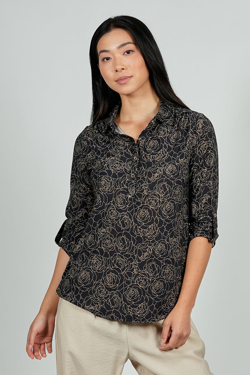 Beechers Brook Floral Button Down Roll Up Sleeve Blouse - Black - Womens Shirts & Blouses - Fairweather
