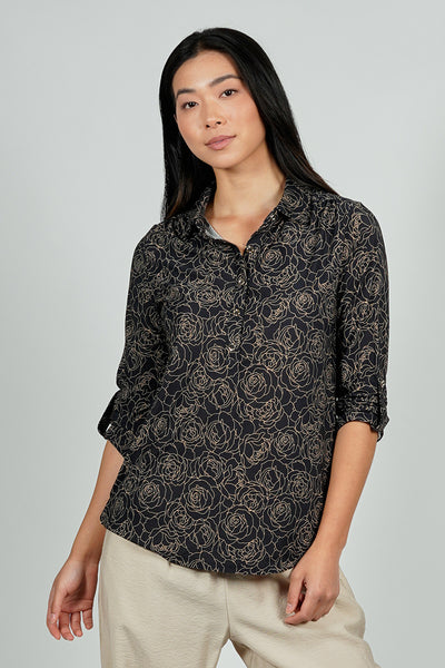 Beechers Brook Floral Button Down Roll Up Sleeve Blouse - Black - Womens Shirts & Blouses - Fairweather