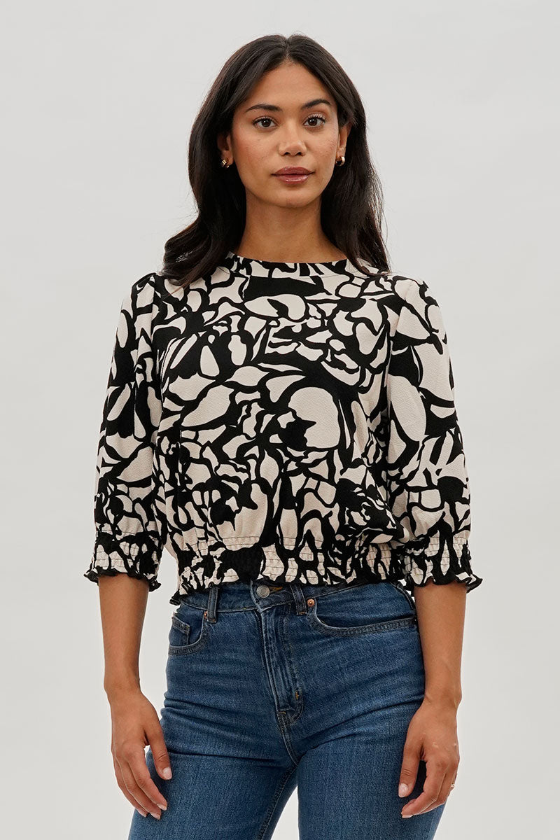 Runaway Bay Printed Smocked Hem Blouse - Black - Womens Shirts & Blouses - Fairweather