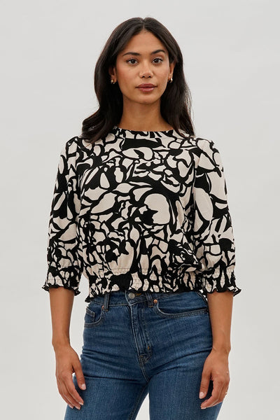 Runaway Bay Printed Smocked Hem Blouse - Black - Womens Shirts & Blouses - Fairweather