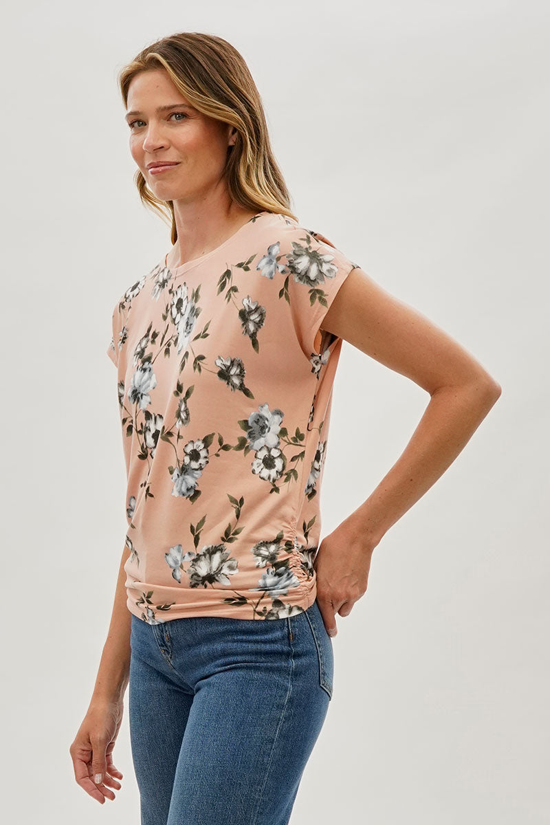International INC Company Floral Ruched Side Blouse - Peach - Womens Shirts & Blouses - Fairweather