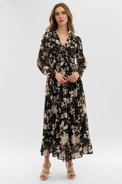 Costa Blanca Floral Long Sleeve Chiffon Maxi Dress - Black - Womens Maxi Dresses - Fairweather