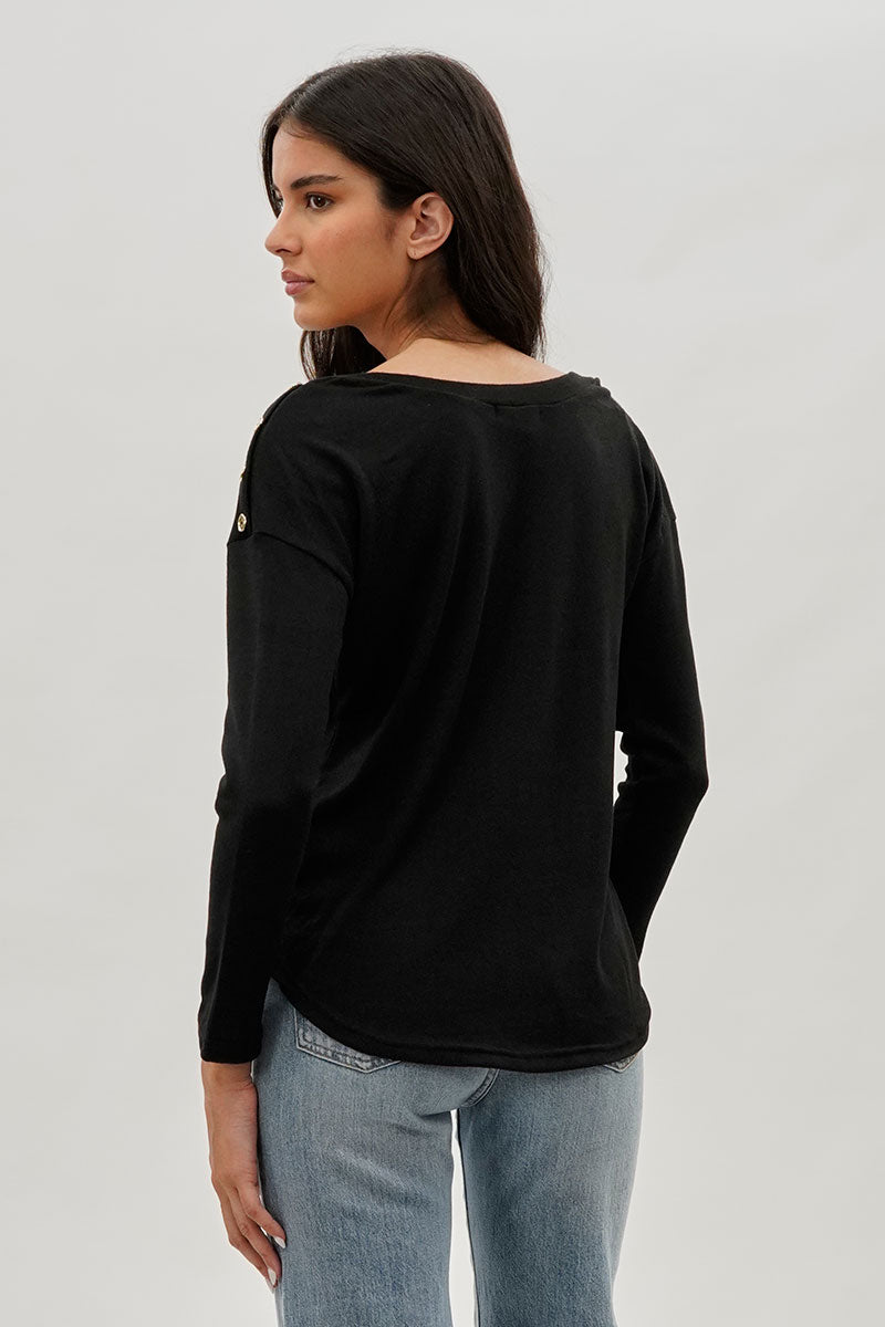 International INC Company Boat Neck Button Detail Pullover Sweater - Black - Womens Pullover Sweaters - Fairweather
