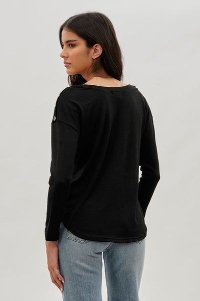 International INC Company Boat Neck Button Detail Pullover Sweater - Black - Womens Pullover Sweaters - Fairweather