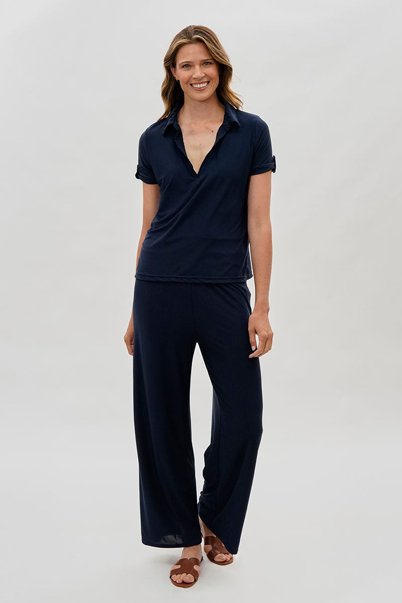 Costa Blanca Wide Leg Fold Over Pants - Navy - Womens Pants - Fairweather
