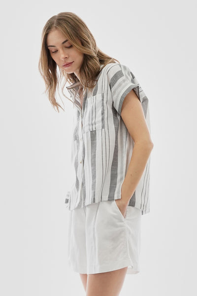 Beechers Brook Striped Button Up Short Sleeve Shirt - Grey - Womens Shirts & Blouses - Fairweather