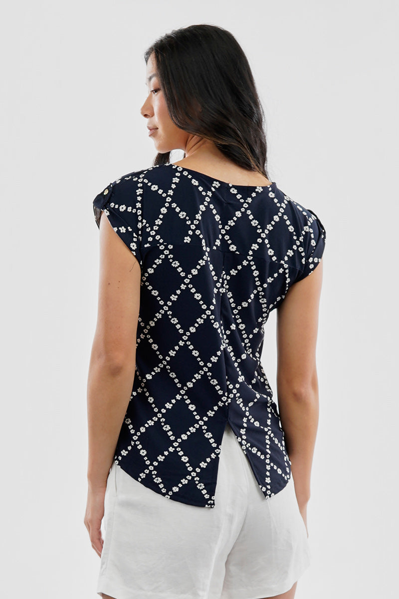 Beechers Brook Floral Cap Sleeve Back Slit Tee - Navy - Womens Tees & Tank Tops - Fairweather