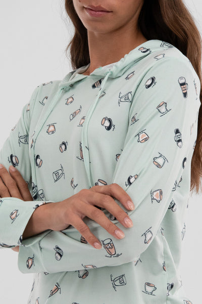 Canada Weather Gear Coffee Print Hooded Pajama Top - Mint - Womens Pajamas - Fairweather