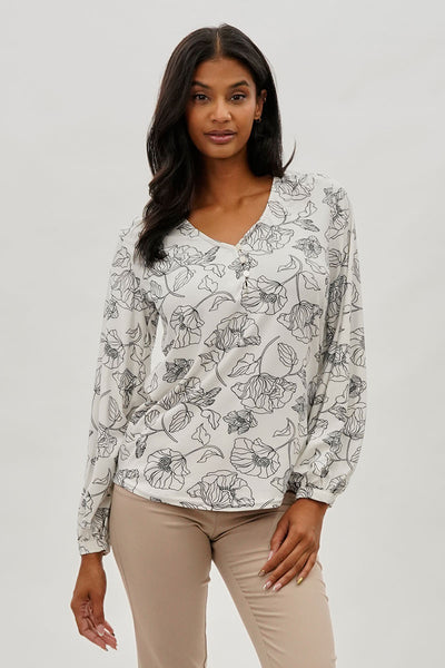 Beechers Brook Floral Henley Blouse - White - Womens Shirts & Blouses - Fairweather