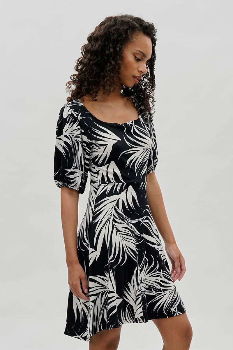 Costa Blanca Leaf Print Square Neck Day Dress - Black - Womens Day Dresses - Fairweather