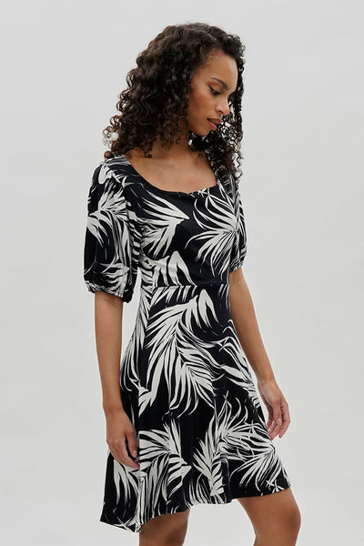 Costa Blanca Leaf Print Square Neck Day Dress - Black - Womens Day Dresses - Fairweather
