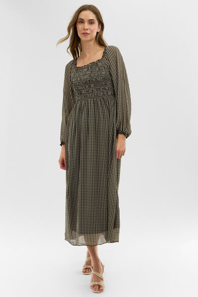 Costa Blanca Long Sleeve Smocked Maxi Dress - Black - Womens Maxi Dresses - Fairweather