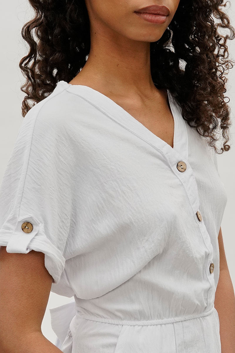 Stylexchange Vintage Back Tie Button Up Romper - White - Womens Jumpsuits & Rompers - Fairweather