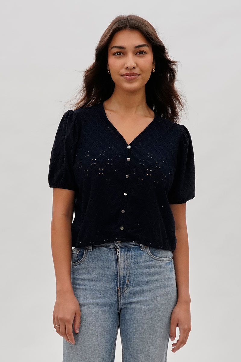 Beechers Brook Button Down Eyelet Blouse - Navy - Womens Shirts & Blouses - Fairweather