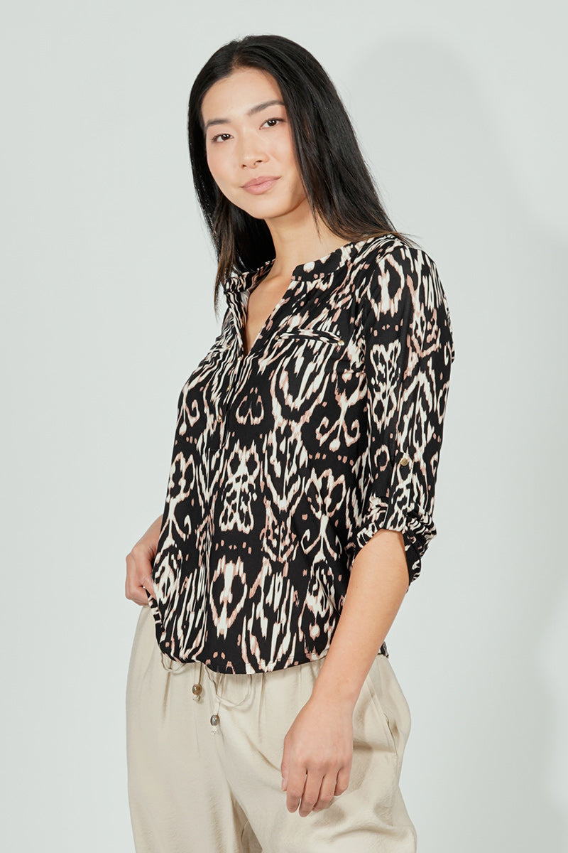 Beechers Brook Patterned Roll Up Sleeve Henley Blouse - Black - Womens Shirts & Blouses - Fairweather
