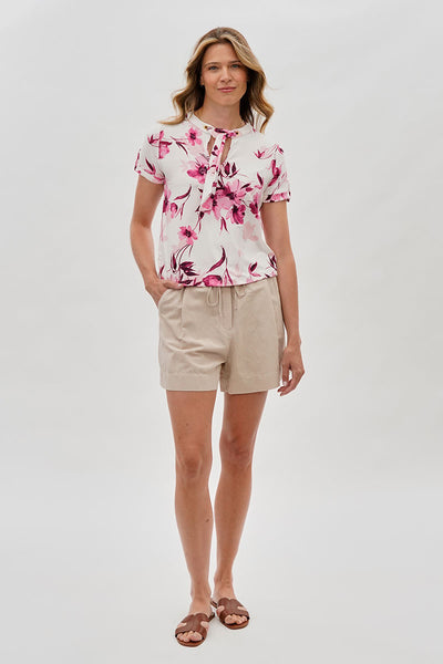 Beechers Brook Floral Tie-Neck Short Sleeve Blouse - White - Womens Shirts & Blouses - Fairweather
