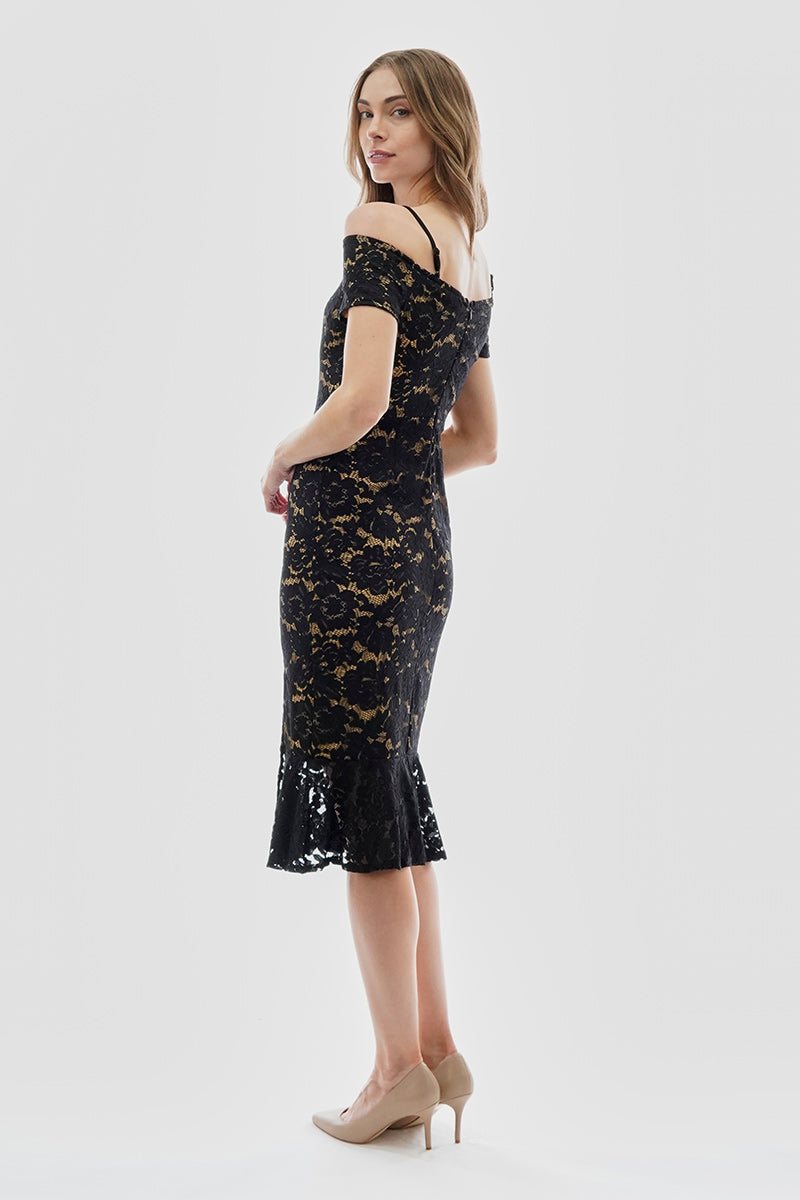 Costa Blanca Lace Off Shoulder Side Slit Cocktail Dress - Black - Womens Cocktail Dresses - Fairweather