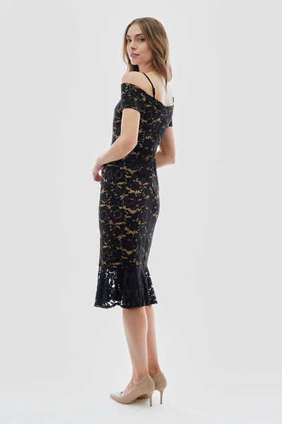 Costa Blanca Lace Off Shoulder Side Slit Cocktail Dress - Black - Womens Cocktail Dresses - Fairweather