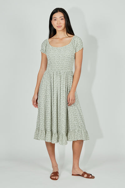 Beechers Brook Floral Short Sleeve Tiered Midi Dress - Olive - Womens Midi Dresses - Fairweather