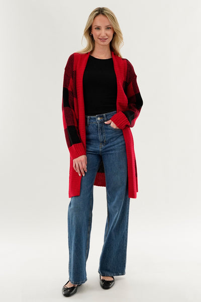 Canada Weather Gear Plaid Knit Fold Over Cardigan - Red - Womens Cardigans - Fairweather