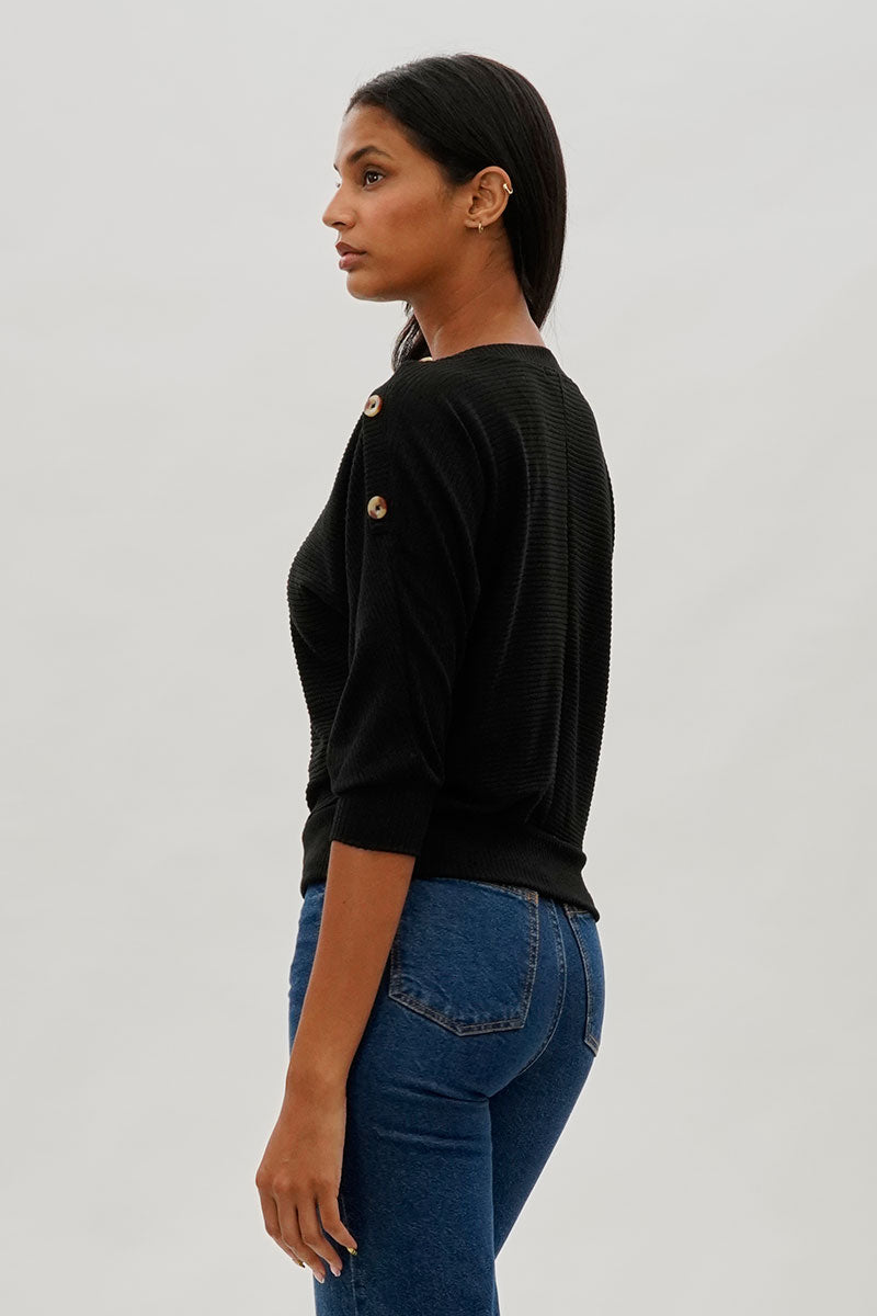 International INC Company Ribbed Shoulder Button Pullover Sweater - Black - Womens Pullover Sweaters - Fairweather
