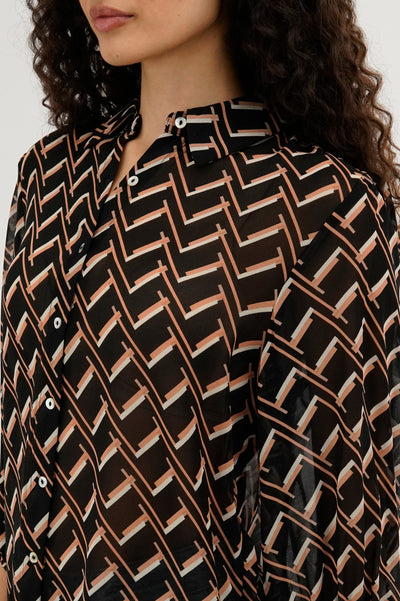 Costa Blanca Patterned Sheer Button Down Blouse - Black