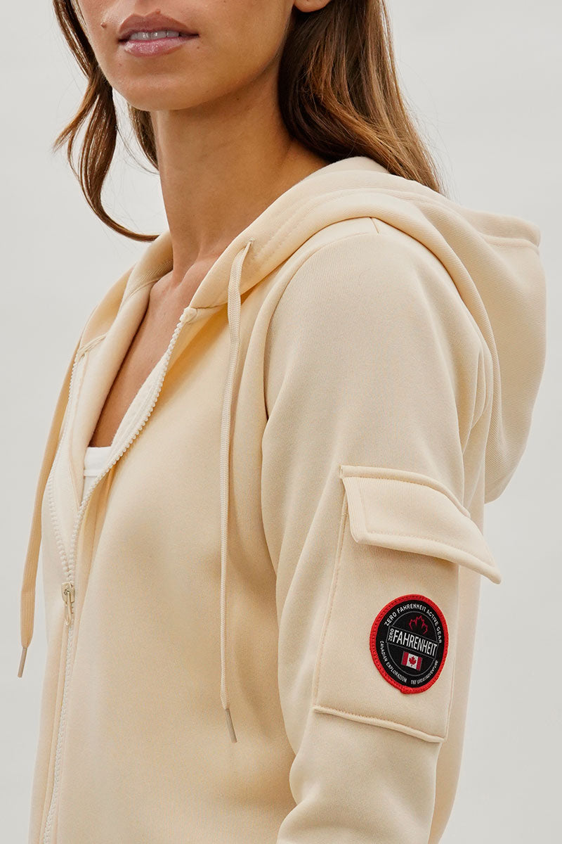 Sweat à capuche zippé Fahrenheit avec poche utilitaire - Crème