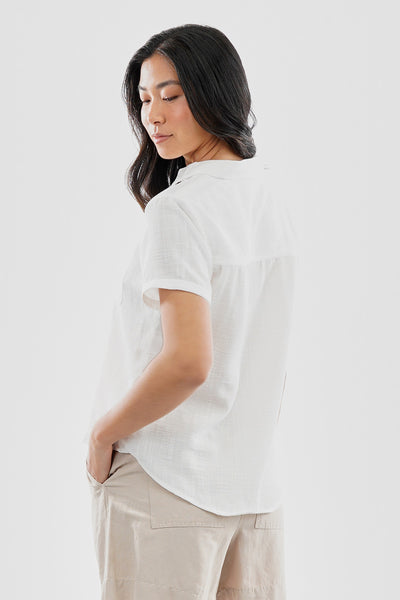 Super Triple Goose Vintage Short Sleeve Button Up Textured Shirt - White - Womens Shirts & Blouses - Fairweather