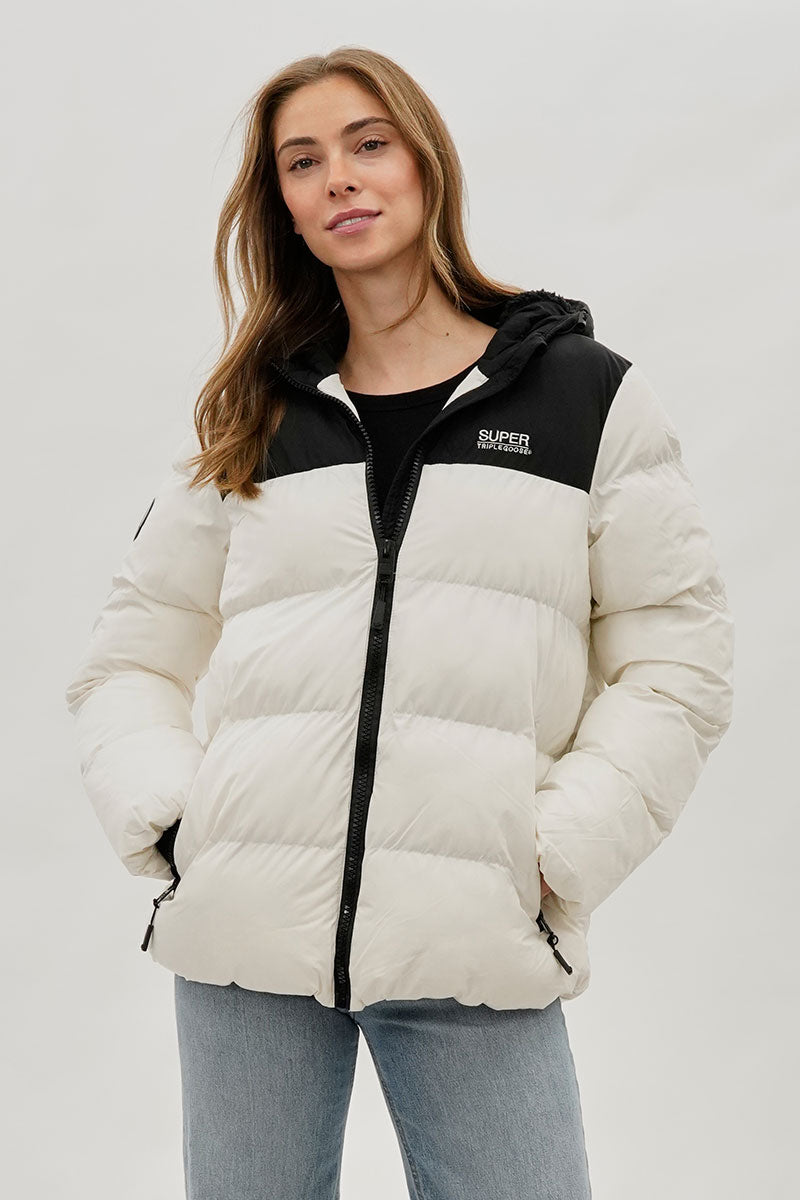 Super Triple Goose Colour Block Bomber Jacket - White - Womens Bomber Jackets - Fairweather