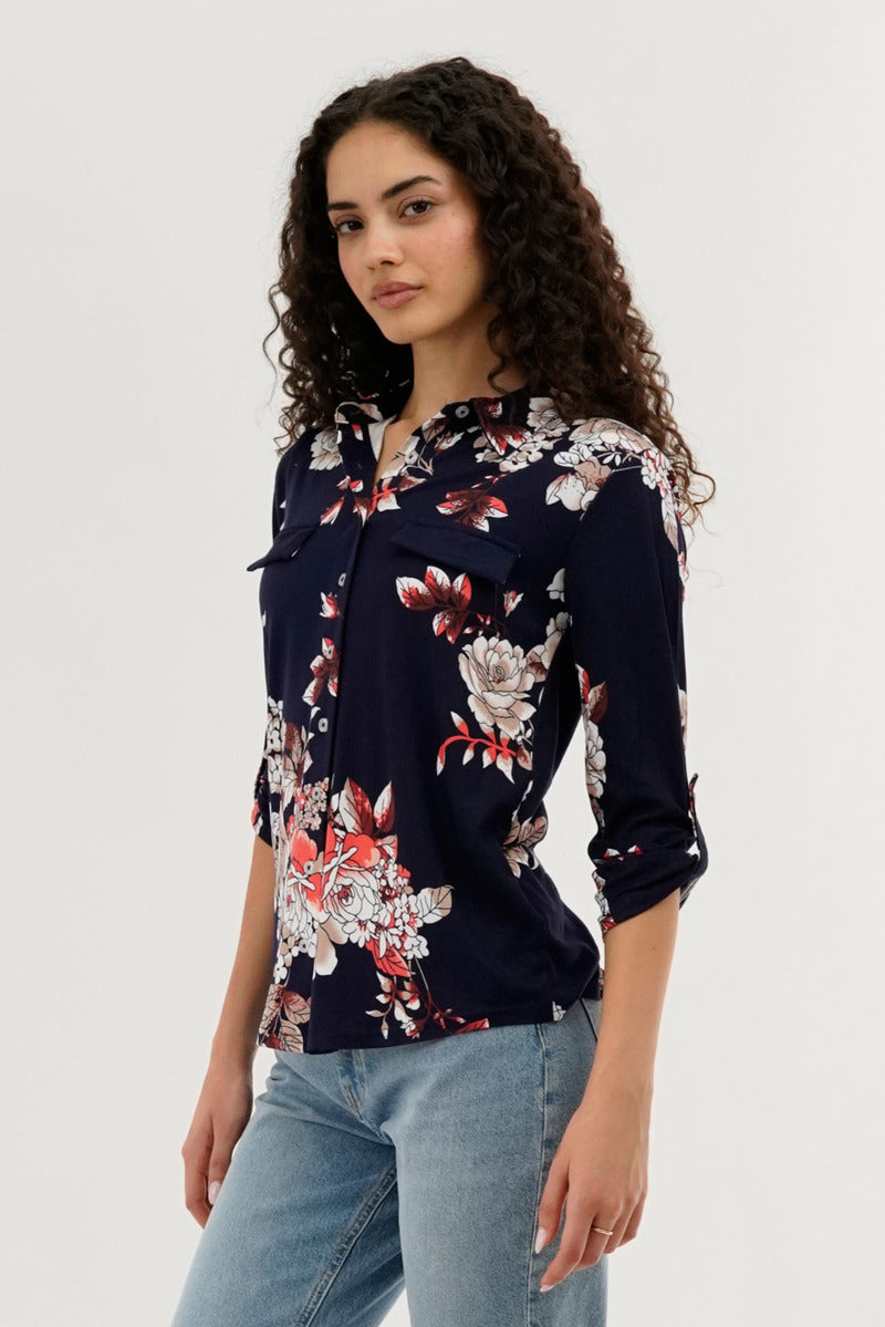 Majora Floral Button Up Blouse - Navy