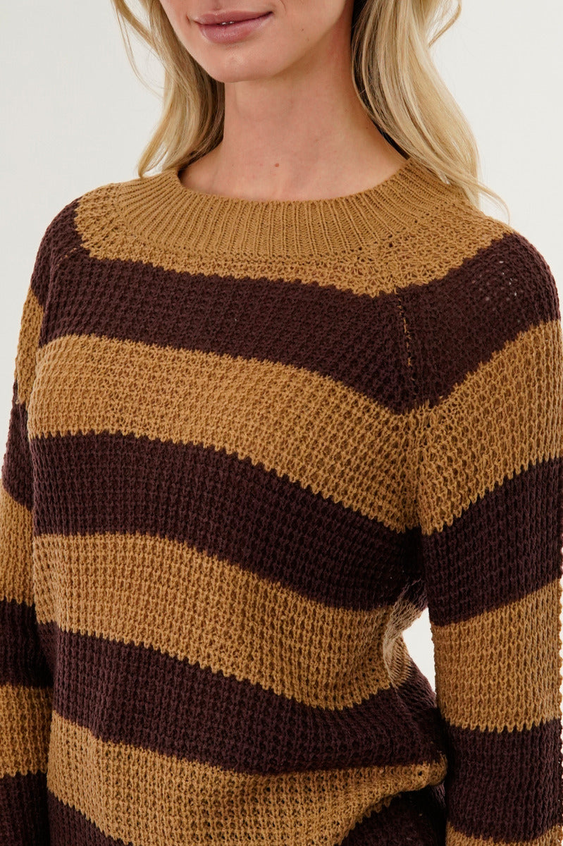 International INC Company Striped Knit Crewneck Pullover Sweater - Brown - Womens Pullover Sweaters - Fairweather