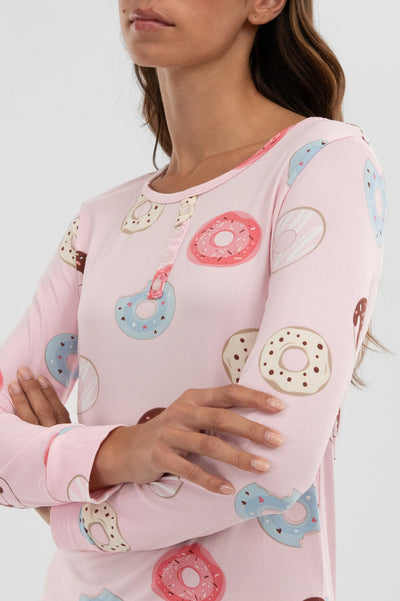 Canada Weather Gear Doughnut Print Henley Pajama Top - Pink - Womens Pajamas - Fairweather