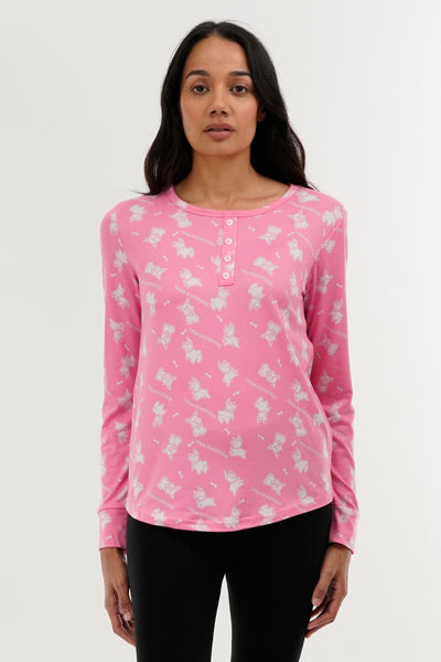 Canada Weather Gear Dog Print Henley Pajama Top - Pink - Womens Pajamas - Fairweather