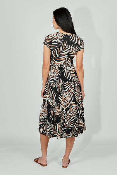 Beechers Brook Leaf Print Short Sleeve Tiered Midi Dress - Black - Womens Midi Dresses - Fairweather