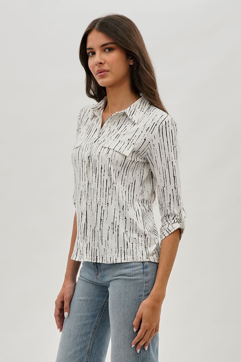 Majora Patterned Collared Blouse - White - Womens Shirts & Blouses - Fairweather