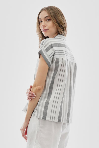Beechers Brook Striped Button Up Short Sleeve Shirt - Grey - Womens Shirts & Blouses - Fairweather