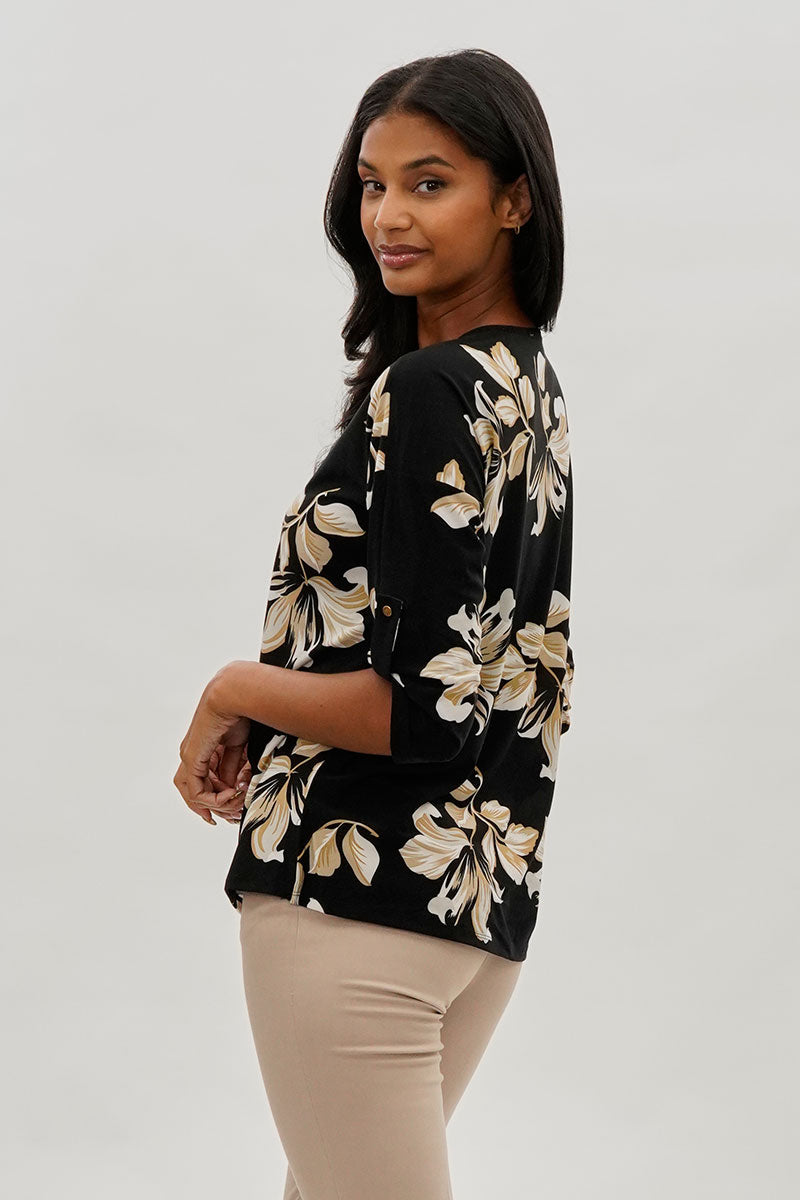 Beechers Brook Leaf Print Half Zip Blouse - Black - Womens Shirts & Blouses - Fairweather