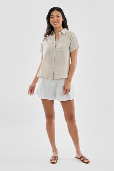 Super Triple Goose Vintage Short Sleeve Button Up Textured Shirt - Cream - Womens Shirts & Blouses - Fairweather