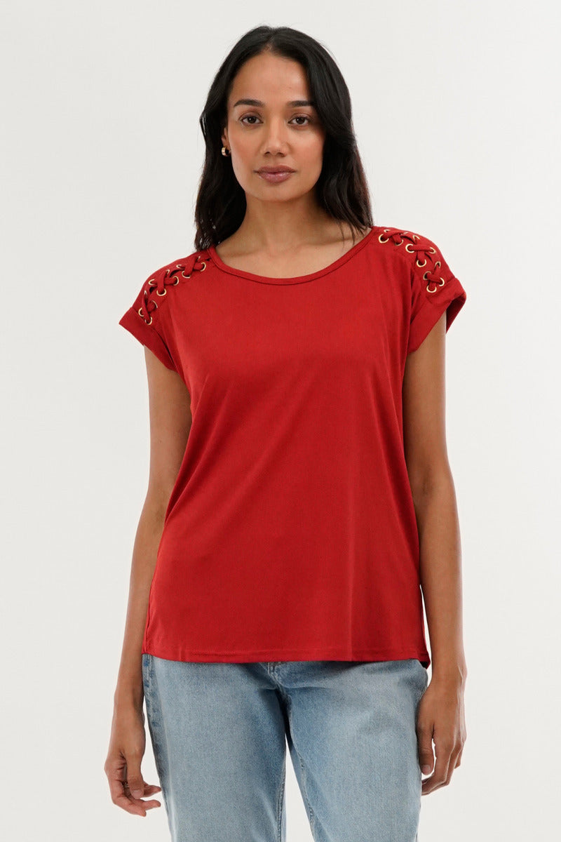 International INC Company Shoulder Lace Up Tee - Coral - Womens Tees & Tank Tops - Fairweather