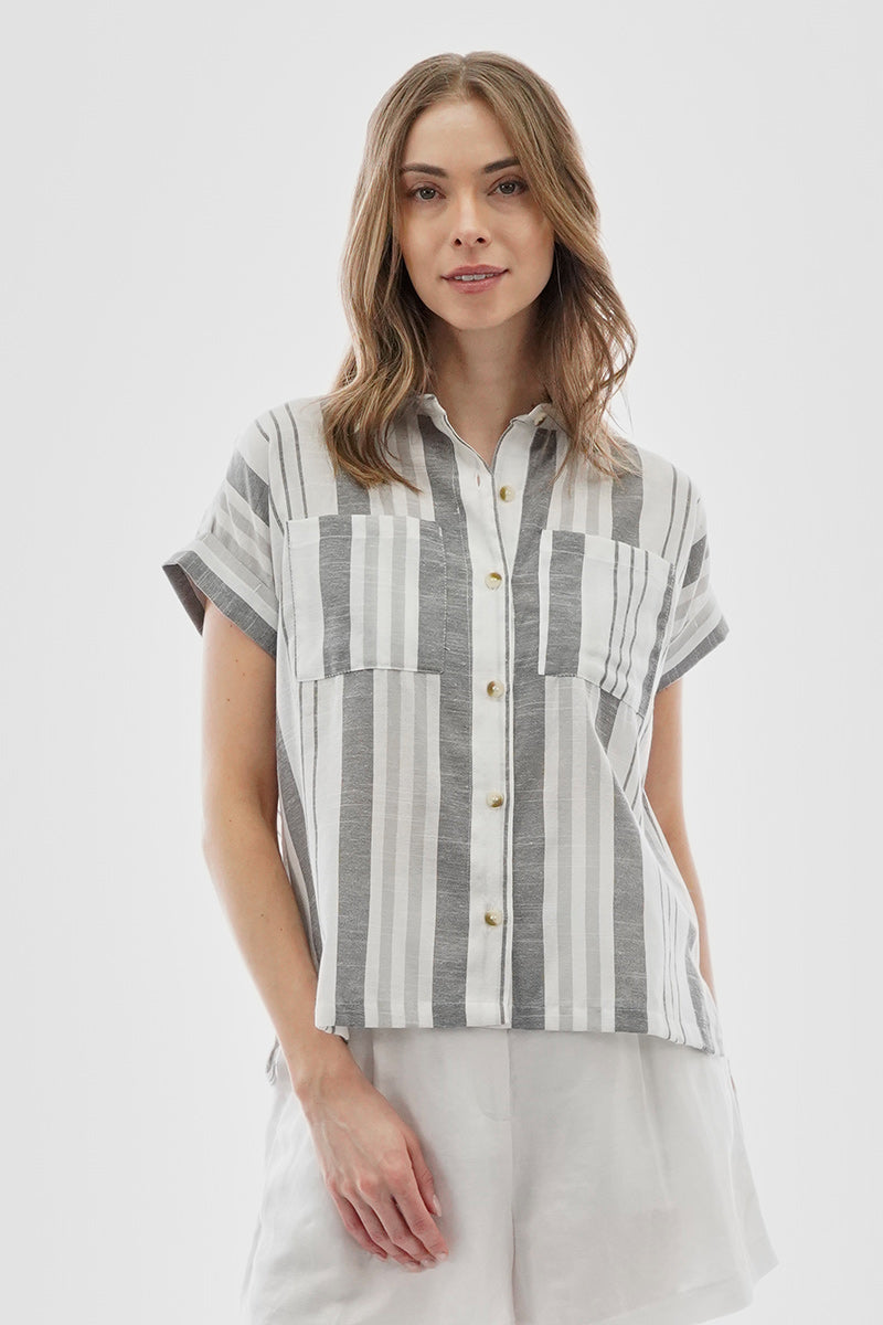 Beechers Brook Striped Button Up Short Sleeve Shirt - Grey - Womens Shirts & Blouses - Fairweather
