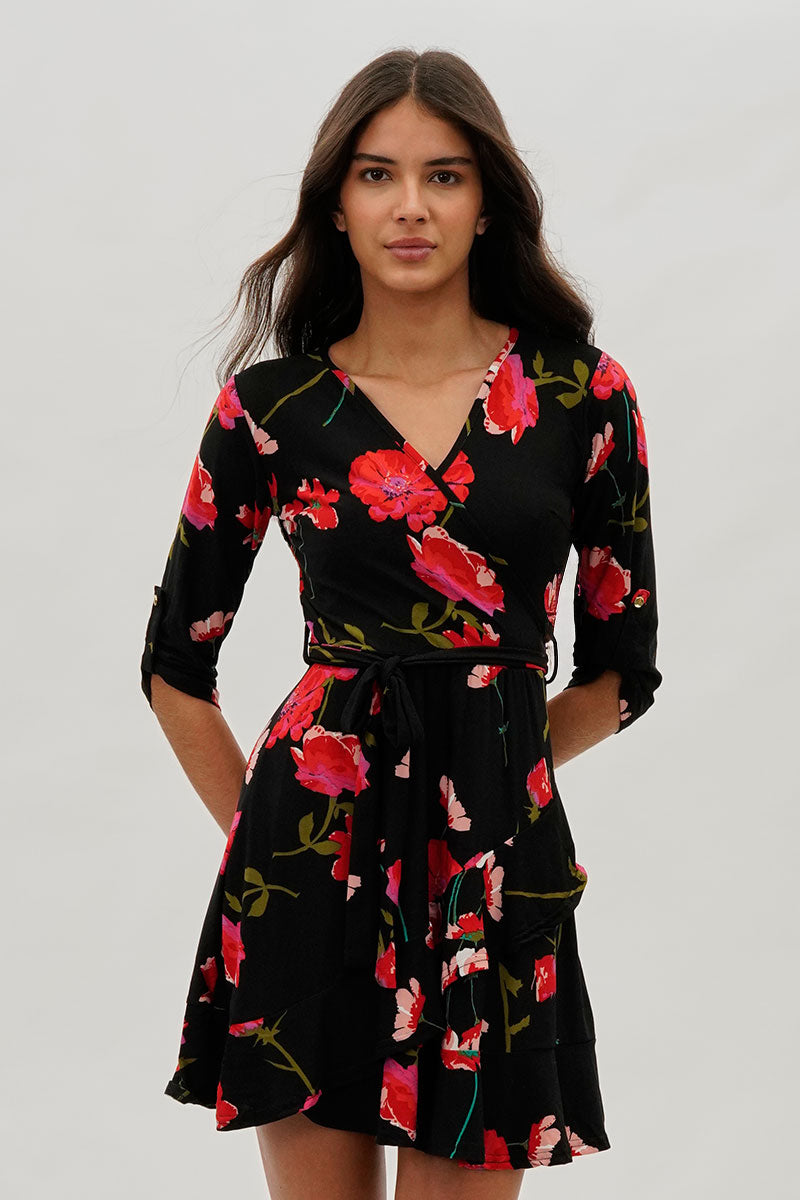 International INC Company Belted Floral Day Dress - Black - Womens Day Dresses - Fairweather