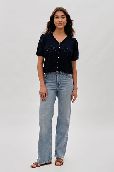 Beechers Brook Button Down Eyelet Blouse - Navy - Womens Shirts & Blouses - Fairweather