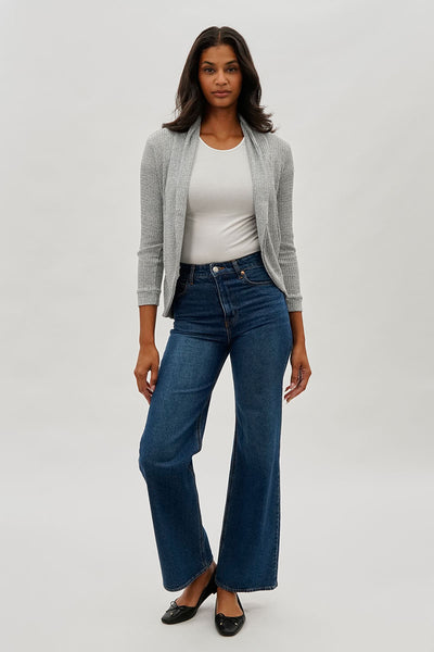 Fahrenheit Waffle Knit 3/4 Sleeve Cardigan - Grey - Womens Cardigans - Fairweather