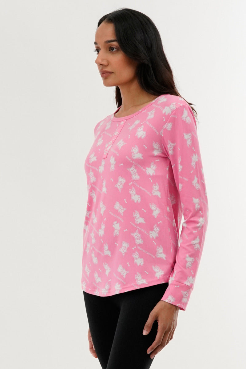 Canada Weather Gear Dog Print Henley Pajama Top - Pink - Womens Pajamas - Fairweather