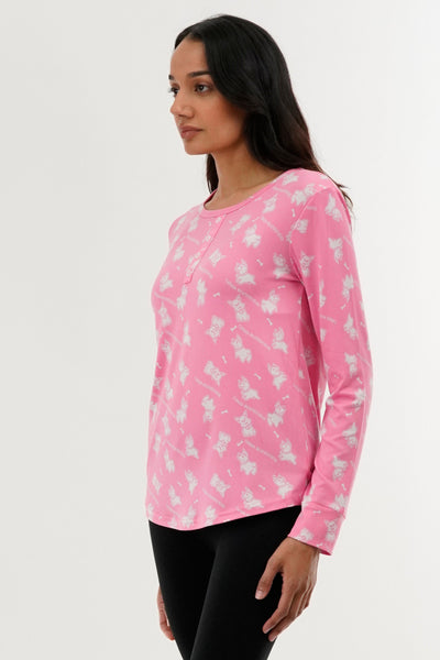 Canada Weather Gear Dog Print Henley Pajama Top - Pink - Womens Pajamas - Fairweather