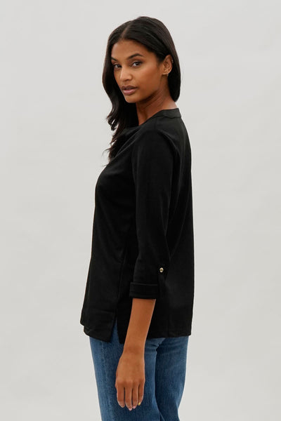 Costa Blanca Split Neck Roll Up Sleeve Blouse - Black - Womens Shirts & Blouses - Fairweather